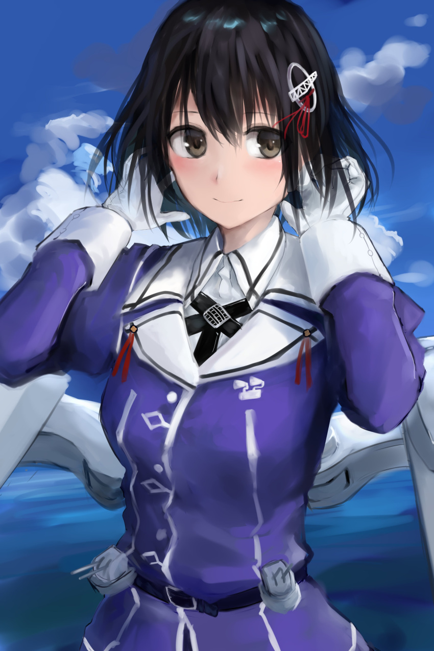 1girl 73suke absurdres anti-aircraft anti-aircraft_gun belt black_hair black_neckwear blue_sky breasts brown_eyes clouds cloudy_sky collared_shirt day eyebrows_visible_through_hair gloves haguro_(kancolle) hair_between_eyes hair_ornament highres jacket kantai_collection long_sleeves looking_at_viewer medium_breasts military military_uniform neckerchief ocean outdoors purple_jacket remodel_(kantai_collection) rigging shirt short_hair sky smile solo standing uniform white_gloves