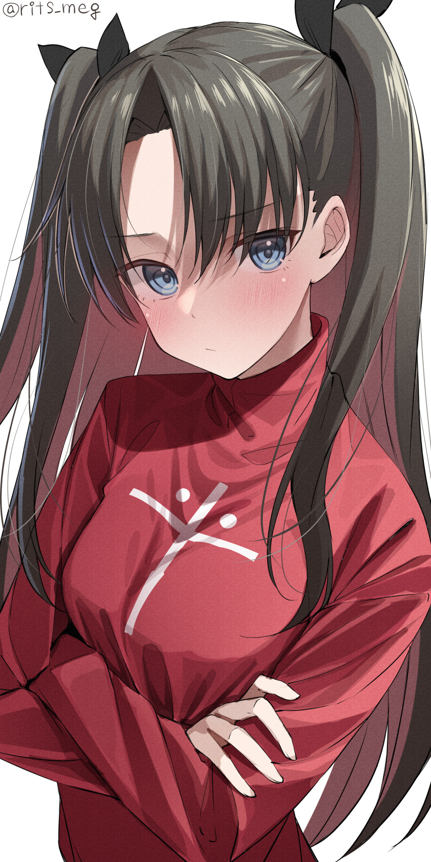 1girl absurdres black_hair black_ribbon blue_eyes blush closed_mouth commentary crossed_arms fate/stay_night fate_(series) hair_ribbon highres kawai_ritsu_(rits_meg) long_hair long_sleeves noise print_sweater red_sweater ribbon solo sweater tohsaka_rin twitter_username two_side_up upper_body