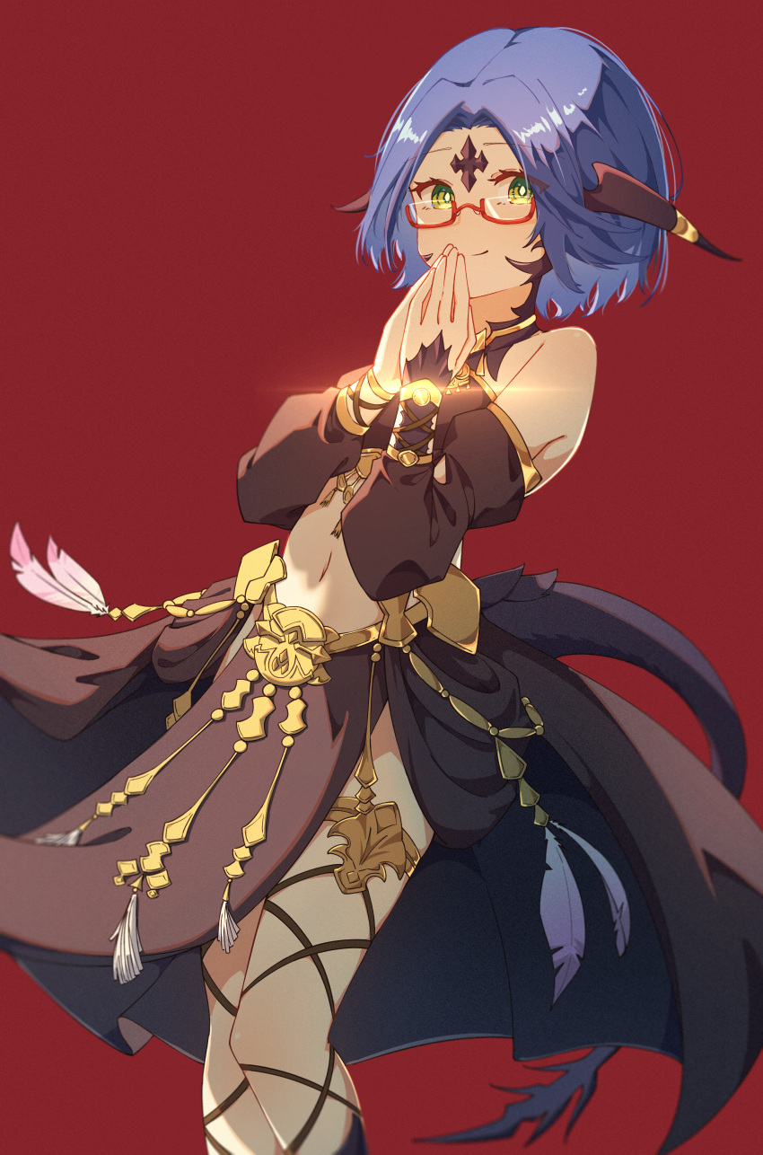 1girl absurdres au_ra avatar_(ff14) black_shirt black_skirt black_sleeves blue_hair borrowed_character closed_mouth commission crop_top detached_sleeves facial_mark feathers feet_out_of_frame final_fantasy final_fantasy_xiv forehead_mark glasses green_eyes hands_up highres horns jl_tan looking_at_viewer red-framed_eyewear red_background scales shirt short_hair simple_background skirt sleeveless sleeveless_shirt smile solo tail tassel thighlet
