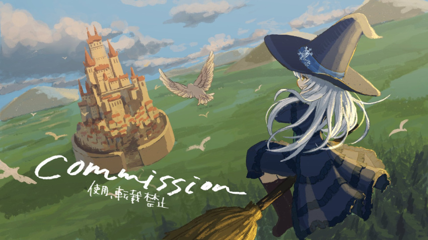 1girl bird blue_headwear blue_sky boots broom broom_riding castle city closed_mouth clouds cloudy_sky commission dress flying forest frilled_dress frills hair_ornament hat highres lake long_hair mountain nature nono_ilst original skeb_commission sky snowflake_hair_ornament water white_hair witch witch_hat yellow_eyes