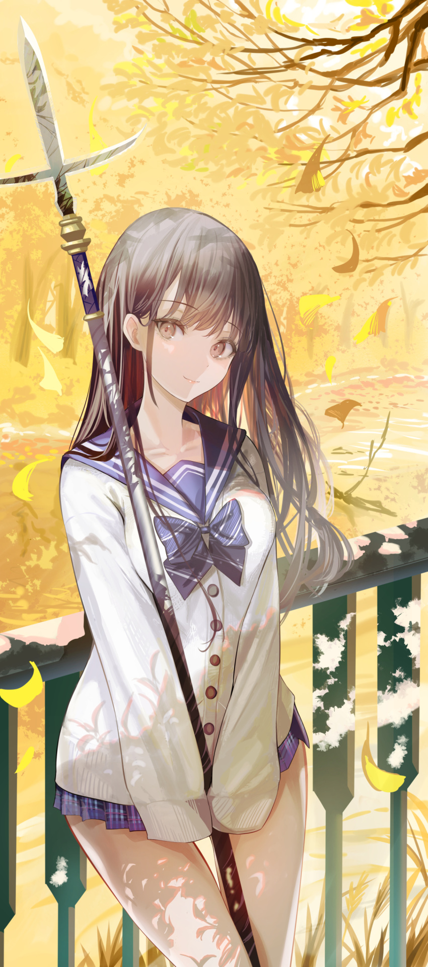 1girl absurdres autumn_leaves bangs black_hair blue_bow blue_bowtie blue_sailor_collar blue_serafuku blue_skirt bow bowtie breasts brown_eyes buttons closed_mouth collarbone commentary_request day eyebrows_visible_through_hair falling_leaves feet_out_of_frame highres ito_lab leaf long_hair long_sleeves looking_at_viewer miniskirt original outdoors plaid plaid_skirt pleated_skirt polearm railing sailor_collar school_uniform serafuku skirt sleeves_past_fingers sleeves_past_wrists small_breasts smile solo thigh_gap trident weapon