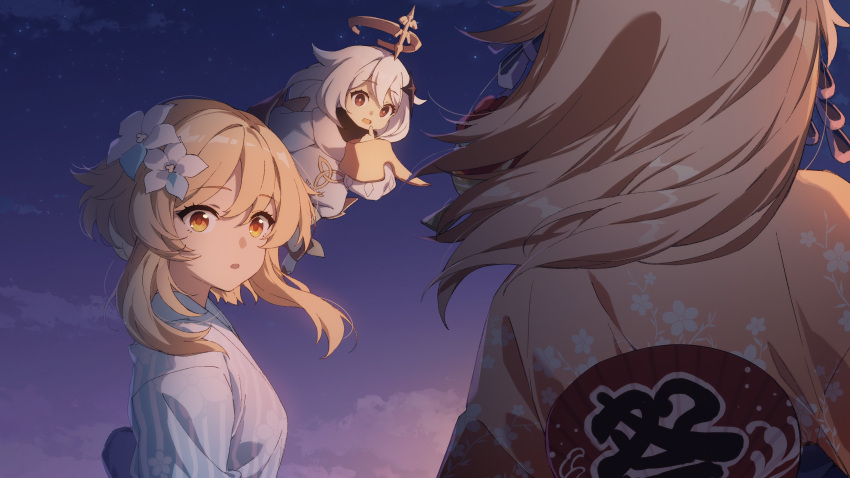 3girls :o absurdres alternate_hairstyle back blonde_hair fairy floral_print flower from_behind genshin_impact hair_down hair_flower hair_ornament halo highres japanese_clothes kimono lumine_(genshin_impact) medium_hair multiple_girls night night_sky orange_kimono paimon_(genshin_impact) sidelocks sky slyvia white_hair yellow_eyes yoimiya_(genshin_impact) yukata