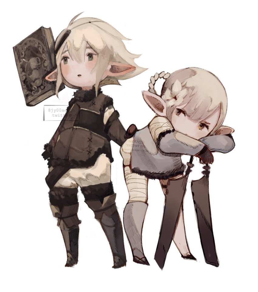 1boy 1girl armor bandaged_arm bandaged_leg bandages black_gloves blonde_hair blush blush_stickers book boots braid brown_hair final_fantasy final_fantasy_xiv floating floating_book floating_object flower fur-trimmed_sleeves fur_trim gloves greaves green_eyes grey_background grimoire_weiss hair_between_eyes hair_flower hair_ornament hatching_(texture) highres jy00ae kaine_(nier) lalafell leaning leaning_forward leaning_on_object leaning_on_weapon light_brown_hair looking_at_another male_focus medium_hair nier nier_(series) nier_(young) open_mouth orange_eyes pointy_ears pointy_hair simple_background standing sword thigh_strap twitter_username weapon white_background