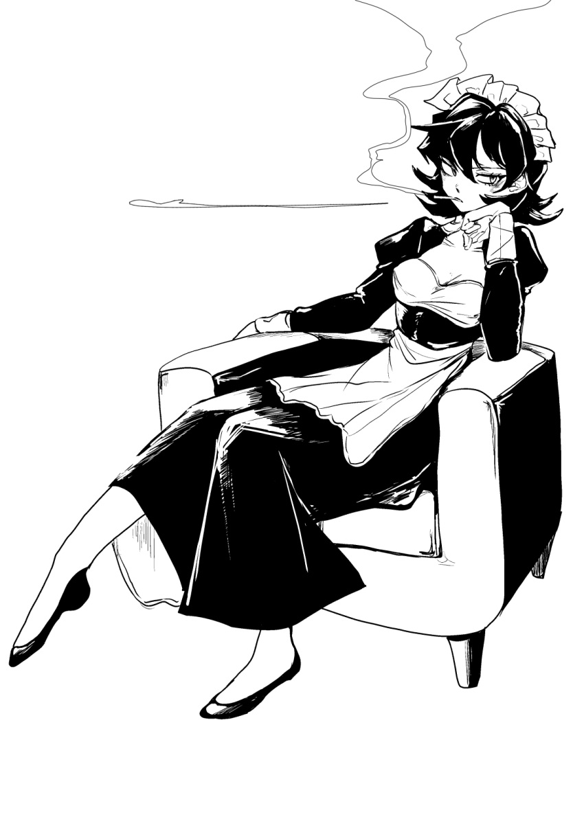 1girl chair cigarette dress fufu_(fufuichi04) gloves greyscale hair_between_eyes head_rest highres maid maid_headdress monochrome mouth_hold original puffy_sleeves short_hair simple_background sitting slit_pupils smoke smoking solo white_background