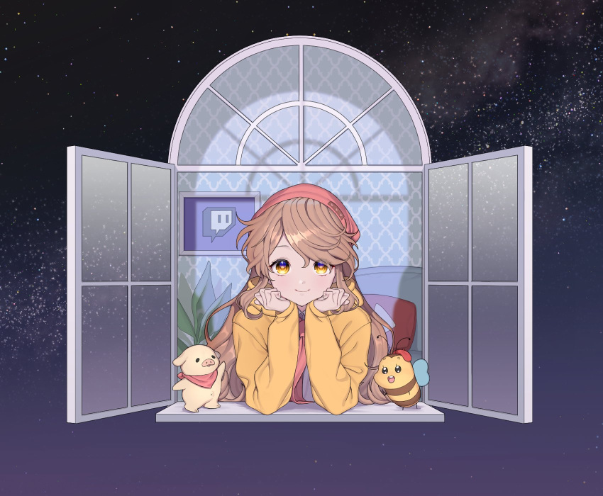 1girl bangs character_request closed_mouth commission creature gradient_eyes hands_on_own_face hands_up hat highres jacket light_brown_hair long_hair looking_at_viewer mono_(mono_zzz) multicolored_eyes necktie open_window original sky star_(sky) starry_sky twitch_logo window yellow_eyes