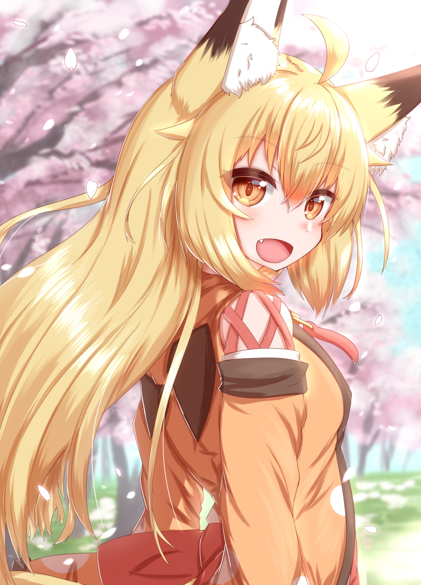 1girl :d ahoge animal_ear_fluff animal_ears bangs blonde_hair blush cherry_blossoms dress eyebrows_visible_through_hair eyes_visible_through_hair fang fox_ears fox_girl fox_tail from_behind hair_between_eyes highres horokusa_(korai) korai_(horokusa) long_hair long_sleeves looking_at_viewer looking_back orange_dress orange_eyes slit_pupils smile solo standing tail upper_body zipper