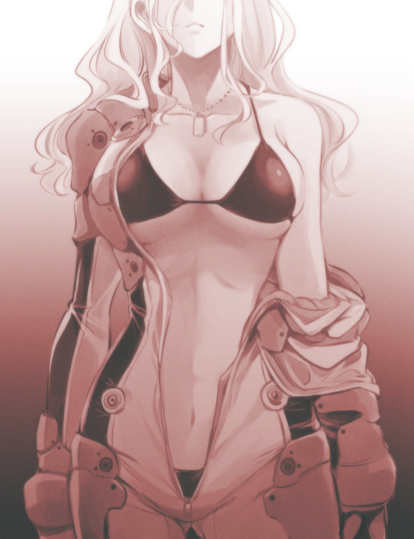 1girl absurdres banshee_sister_(mechanical_buddy_universe) bra collarbone dog_tags frown gradient gradient_background greyscale hair_behind_ear head_out_of_frame highres ishiyumi mechanical_buddy_universe midriff monochrome navel off_shoulder panties pilot_suit underwear younger