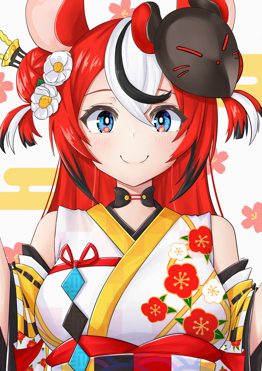 1girl absurdres animal_ears blue_eyes detached_sleeves double_bun egasumi floral_background floral_print flower gestalt_75 hair_flower hair_ornament hakos_baelz highres hololive hololive_english japanese_clothes kimono long_hair mouse_ears mouse_mask multicolored_hair redhead smile virtual_youtuber