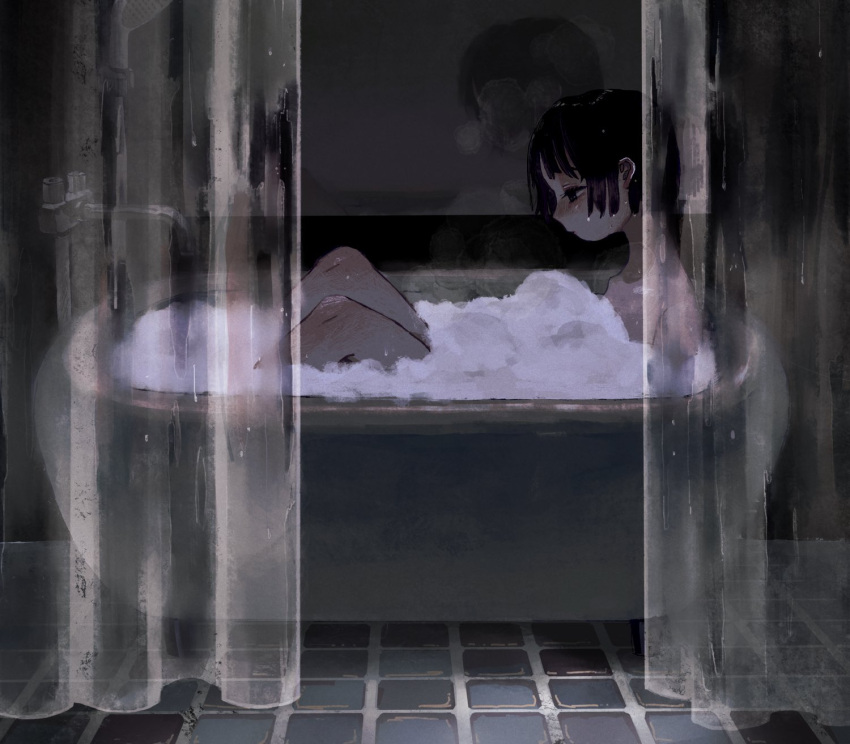 1girl bath bathing bathtub black_hair bubble_bath curtains half-closed_eyes hanio3 highres knees_up original profile short_hair soap_bubbles solo tile_floor tiles