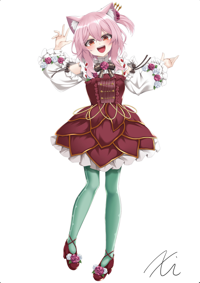 1girl absurdres animal_ears bare_shoulders blush bow bowtie buttons cat_ears clothing_cutout double-breasted dress eyebrows eyelashes flower full_body green_legwear hair_flower hair_ornament highres long_sleeves looking_at_viewer medium_hair nijisanji nijisanji_en open_mouth outstretched_arms pantyhose pink_hair red_dress red_eyes red_flower red_footwear red_rose rose rosemi_lovelock shoe_flower short_sidetail shoulder_cutout signature smile solo spread_arms standing thorns virtual_youtuber white_background x_kw_ix