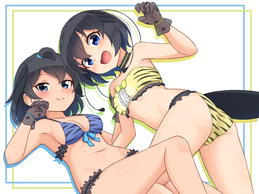 2girls :d animal_print antennae ass bandeau bangs bare_arms bare_legs bare_shoulders bikini black_eyes black_gloves black_hair blue_eyes breasts center_frills choker commentary_request fang flat_ass frills gloves hair_between_eyes head_wings highres kemono_friends looking_at_viewer medium_breasts multiple_girls navel open_mouth print_bandeau print_bikini shiraha_maru short_hair simple_background small_breasts smile superb_bird-of-paradise_(kemono_friends) swimsuit tail tiger_print western_parotia_(kemono_friends) white_background