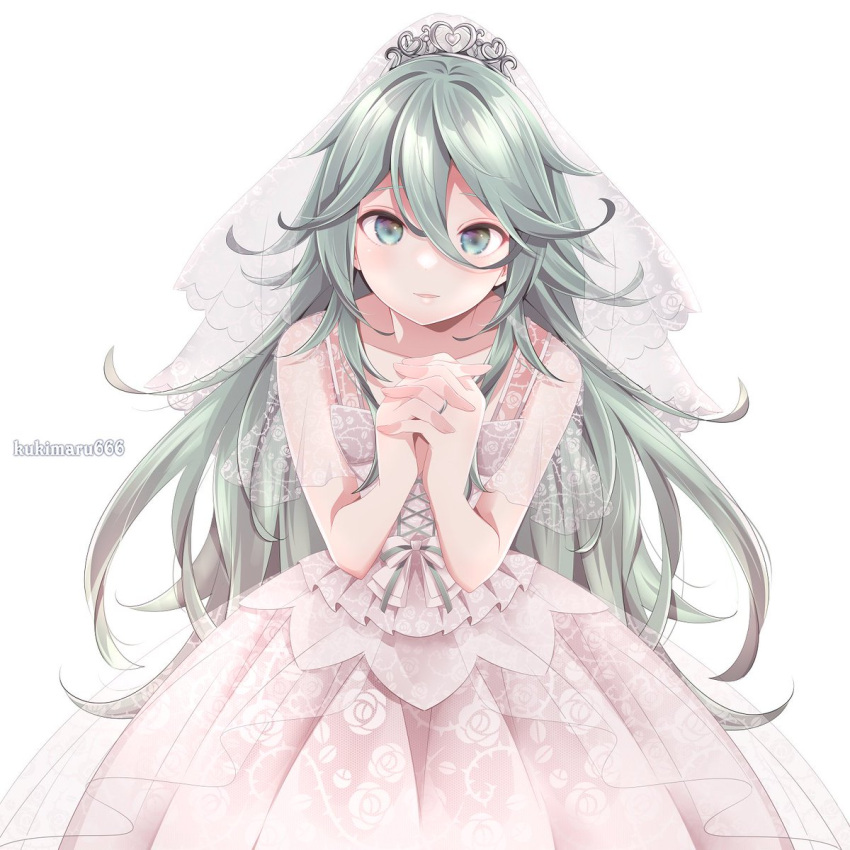 1girl aqua_hair blue_eyes blush collarbone commission dress floral_print hair_between_eyes highres kantai_collection kukimaru long_hair looking_at_viewer open_mouth rose_print simple_background skeb_commission smile solo twitter_username upper_body wedding_dress white_background white_dress yamakaze_(kancolle)