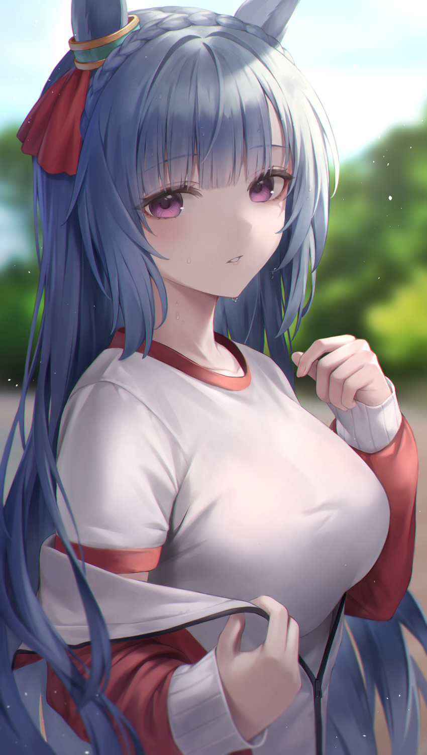 1girl absurdres animal_ears bangs blue_hair blunt_bangs blurry blurry_background blush braid breasts commentary_request crown_braid day depth_of_field ear_ornament eyebrows_visible_through_hair gym_shirt hibimaru highres horse_ears jacket large_breasts long_hair long_sleeves looking_at_viewer mejiro_ardan_(umamusume) off_shoulder open_clothes open_jacket outdoors parted_lips red_jacket shirt sweat track_jacket umamusume undressing upper_body very_long_hair violet_eyes white_shirt