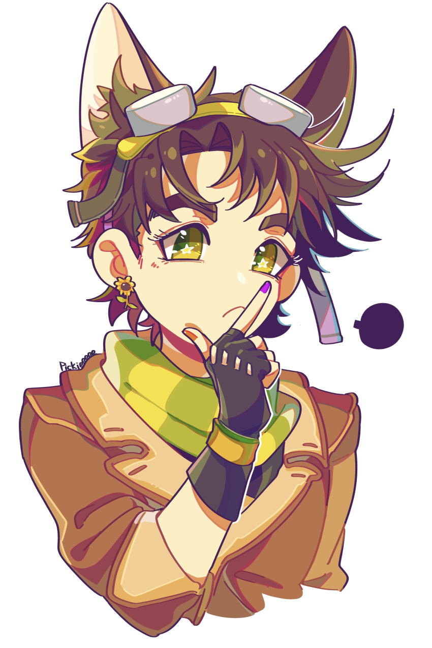 1boy absurdres animal_ears bomber_jacket brown_hair brown_jacket chin_stroke dog_ears fingerless_gloves gloves goggles goggles_on_head green_eyes highres jacket jojo_no_kimyou_na_bouken joseph_joestar joseph_joestar_(young) kemonomimi_mode male_focus nail_polish no_nose pickieeeee scarf solo