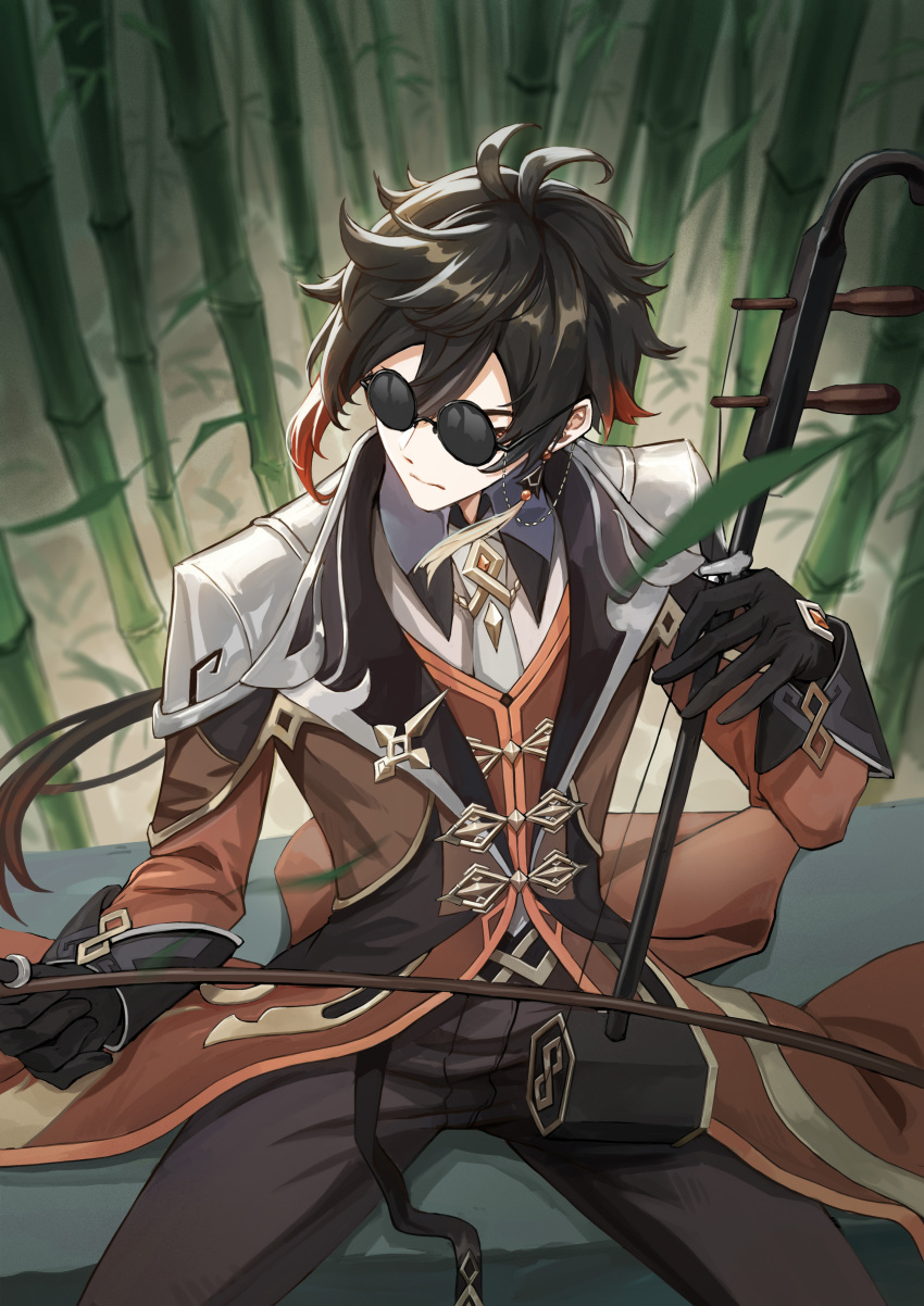 1boy absurdres antenna_hair bamboo bamboo_forest bangs black_gloves black_pants black_shirt blush bow_(music) brown_hair brown_jacket brown_vest closed_eyes closed_mouth collared_shirt commentary_request diechong erhu eyebrows_visible_through_hair eyeshadow forest gem genshin_impact gloves hair_between_eyes highres holding holding_instrument instrument jacket long_hair long_sleeves looking_at_viewer low_ponytail makeup male_focus nature pants ponytail red_eyeshadow serious shirt sidelocks sitting solo suit_jacket sunglasses tailcoat thumb_ring vest wing_collar zhongli_(genshin_impact)