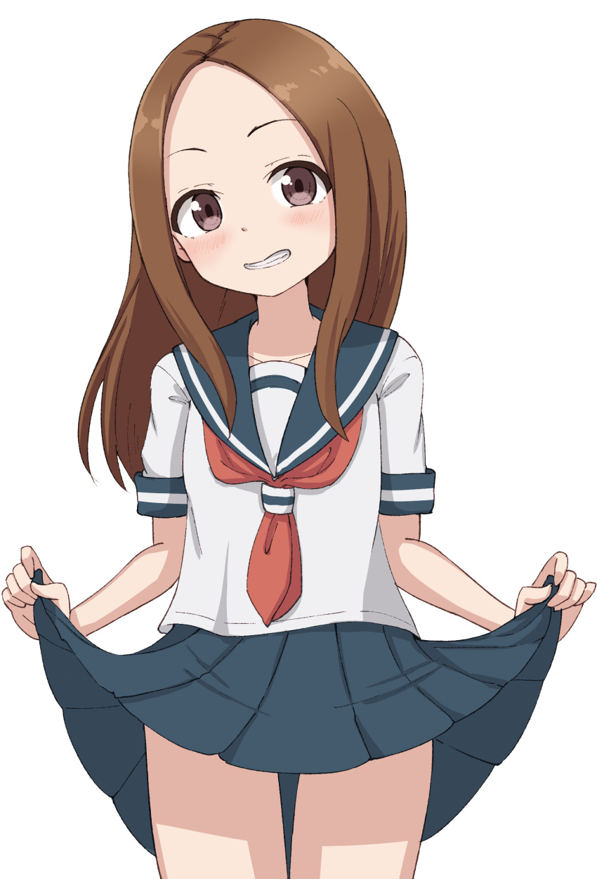 1girl bangs blue_sailor_collar blue_skirt blush brown_eyes brown_hair clothes_lift commentary_request forehead grin head_tilt highres hippo_(hirople) karakai_jouzu_no_takagi-san lifted_by_self long_hair looking_at_viewer neckerchief parted_bangs pleated_skirt red_neckerchief sailor_collar school_uniform serafuku shirt short_sleeves simple_background skirt skirt_lift smile solo standing takagi-san white_background white_shirt