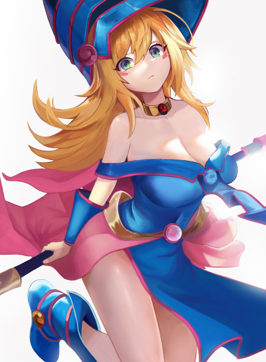 1girl bangs bare_shoulders blonde_hair blue_eyes blue_footwear blush boots breasts dark_magician_girl duel_monster gokusaishiki999 hair_between_eyes hat highres holding holding_wand long_hair looking_at_viewer off_shoulder smile solo thighs wand wizard_hat yu-gi-oh! yu-gi-oh!_duel_monsters yuu-gi-ou yuu-gi-ou_duel_monsters