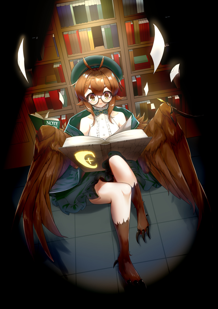 1girl absurdres bangs beret black_skirt book bookshelf brown_eyes brown_hair brown_wings clover_theater commentary_request feathered_wings glasses hair_between_eyes harpy hat highres holding holding_book jacket monster_girl norris_(clover_theater) on_floor papers rinf shirt short_hair_with_long_locks sitting skirt sleeveless sleeveless_shirt solo white_shirt winged_arms wings