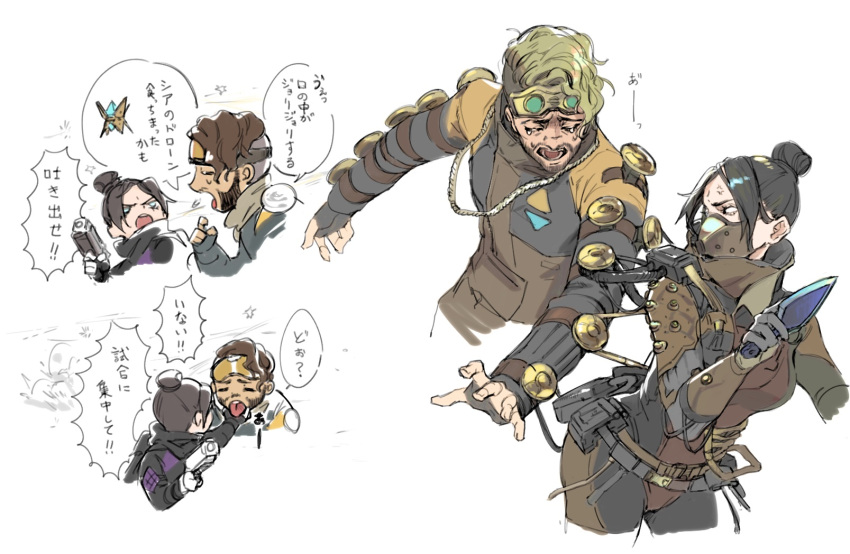 1boy 1girl airship_assassin_wraith annoyed apex_legends b3_wingman black_gloves black_hair blonde_hair brown_hair brown_jacket brown_scarf fingerless_gloves gloves goggles goggles_on_head gun hair_bun handgun highres holding holding_gun holding_knife holding_weapon jacket knife mask mirage_(apex_legends) mouth_mask multiple_views official_alternate_costume open_hands perfect_illusion_mirage renee_shika_egakan revolver scarf speech_bubble tongue tongue_out translation_request v-shaped_eyebrows veins weapon wraith's_kunai wraith_(apex_legends)