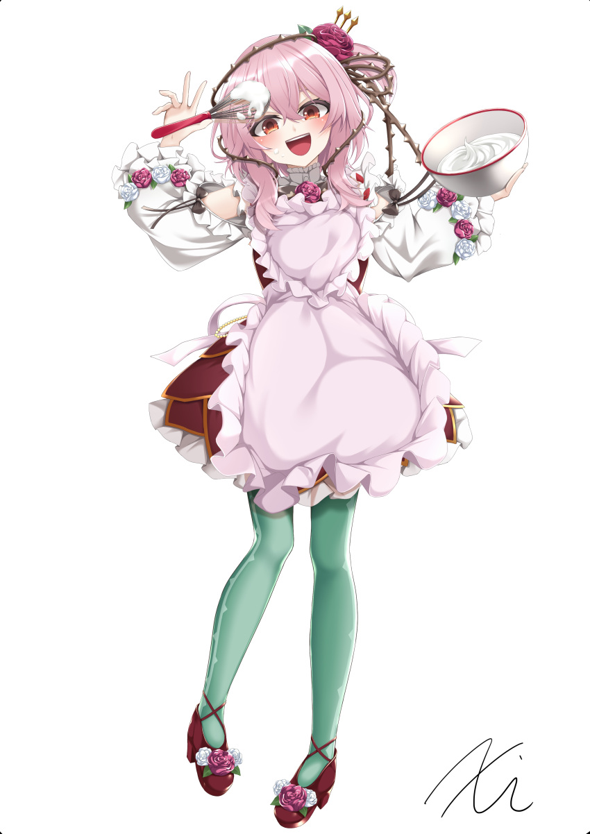 1girl absurdres apron bare_shoulders blush bow bowtie buttons chocolate chocolate_making clothing_cutout double-breasted dress eyebrows eyelashes flower full_body green_legwear hair_flower hair_ornament highres long_sleeves looking_at_viewer medium_hair nijisanji nijisanji_en open_mouth outstretched_arms pantyhose pink_apron pink_hair red_dress red_eyes red_flower red_footwear red_rose rose rosemi_lovelock shoe_flower short_sidetail shoulder_cutout signature smile solo spread_arms standing thorns virtual_youtuber whisk white_background white_chocolate x_kw_ix