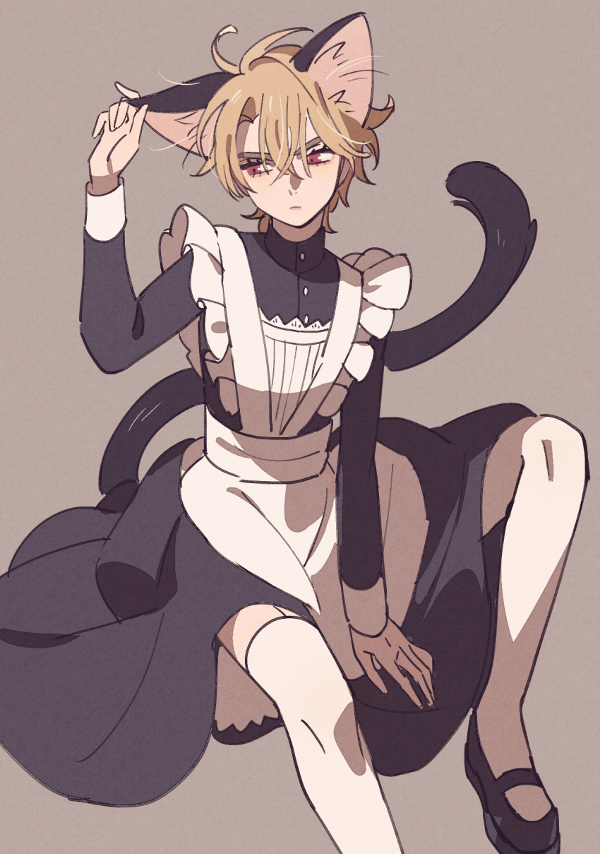 1boy alternate_costume animal_ears apron blonde_hair cat_ears cat_tail crossdressing dio_brando dress enmaided highres jojo_no_kimyou_na_bouken kemonomimi_mode maid male_focus mary_janes phantom_blood shoes solo son_(skvnmn0) tail white_legwear