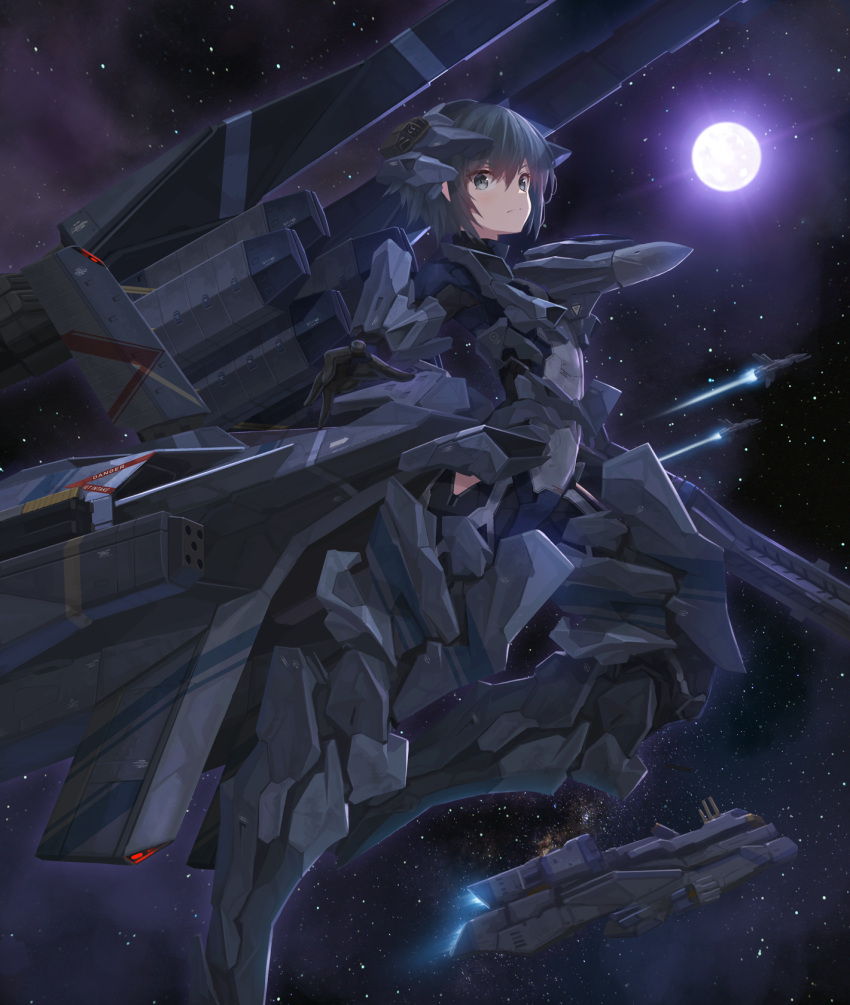 1girl armor black_hair commentary_request copyright_request grey_eyes headgear highres looking_at_viewer mecha_musume missile_pod moon personification short_hair sky solo space space_craft star_(sky) starry_sky tom-neko_(zamudo_akiyuki)