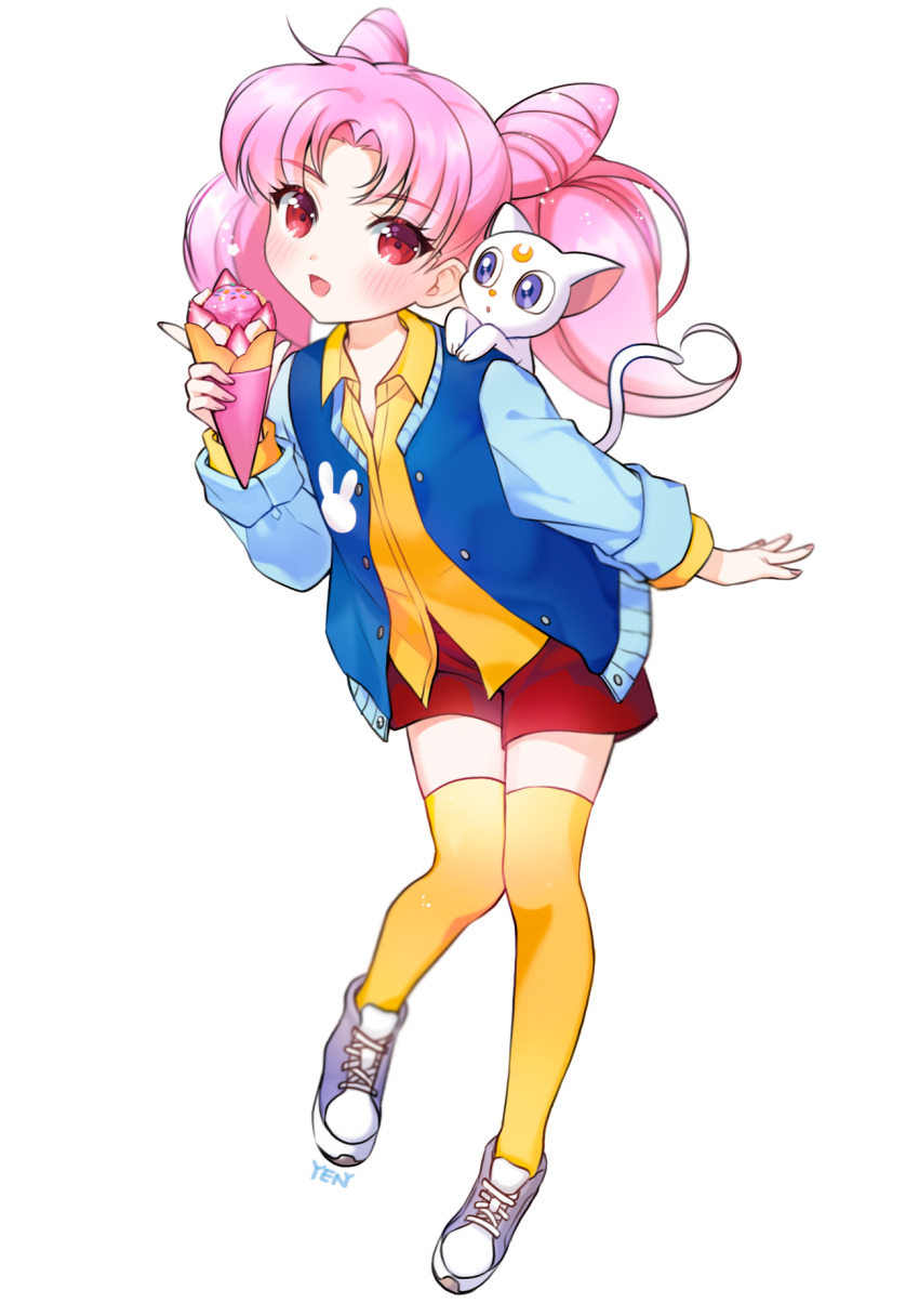 1girl 1other animal_on_shoulder artemis_(sailor_moon) cat cat_on_shoulder chibi_usa crepe food full_body green_eyes highres jacket letterman_jacket long_hair looking_at_viewer pink_hair pita_(ppp) red_shorts shoes shorts simple_background sneakers standing thigh-highs twintails white_background white_cat yellow_legwear