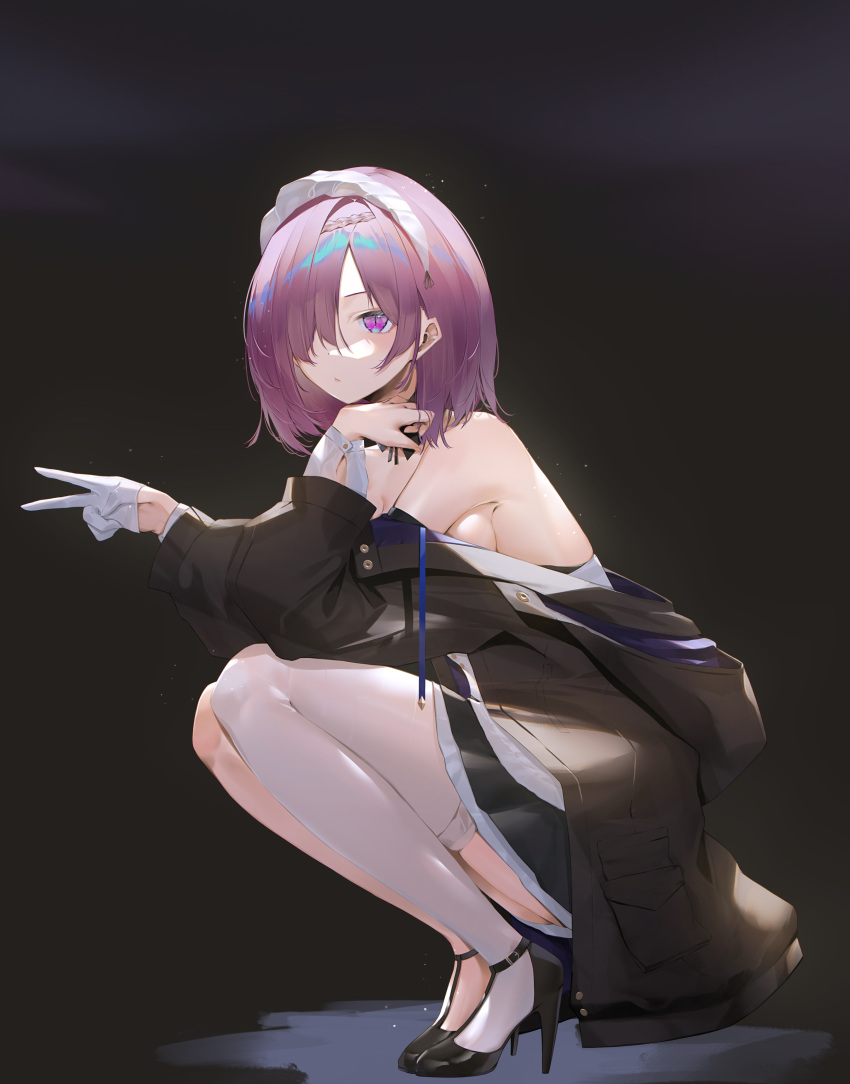 1girl absurdres azur_lane bangs bare_shoulders black_bow black_bowtie black_footwear black_jacket bow bowtie braid breasts closed_mouth commentary elbows_on_knees full_body gloves hair_ornament hair_over_one_eye hairband half_gloves hand_in_hair hands_up high_heels highres jacket ka11_ca long_sleeves looking_at_viewer medium_breasts medium_hair off_shoulder penelope_(azur_lane) purple_hair sideboob single_glove single_thighhigh solo squatting thigh-highs v violet_eyes white_gloves white_hairband white_legwear