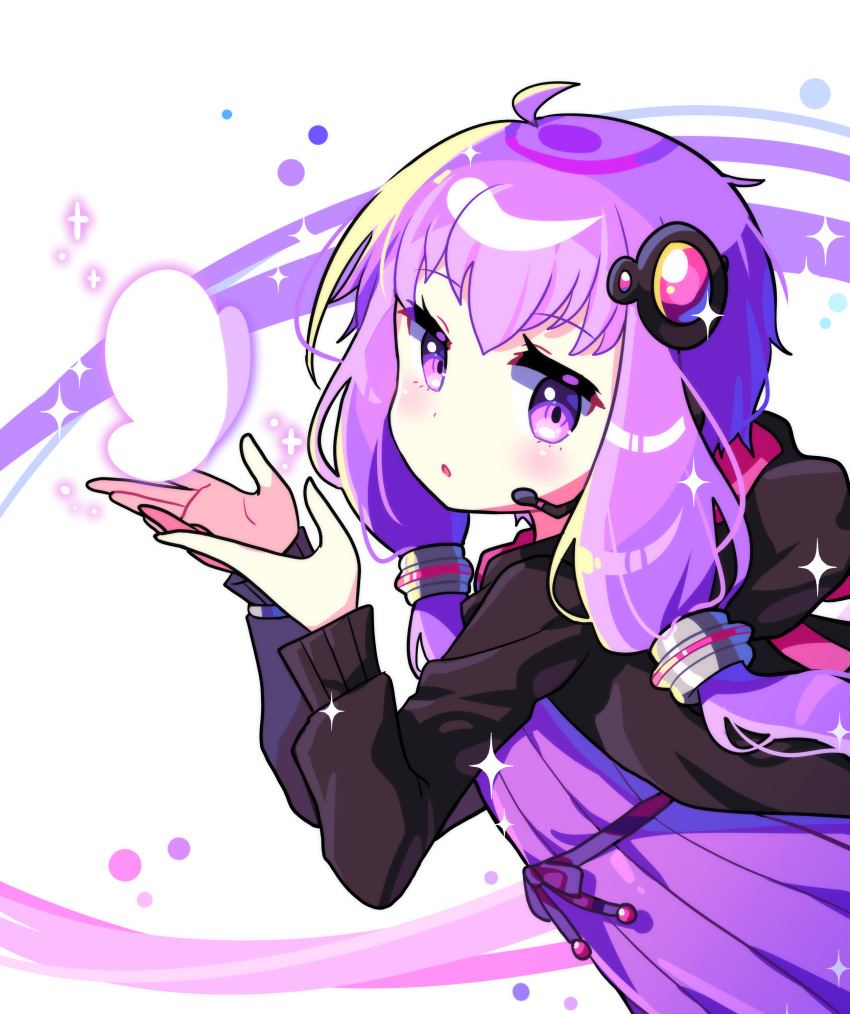 1girl absurdres bangs black_jacket blush bracelet dress hair_ornament highres jacket jewelry long_sleeves looking_to_the_side low_twintails offbeat purple_dress purple_hair short_hair_with_long_locks solo twintails upper_body violet_eyes vocaloid voiceroid yuzuki_yukari