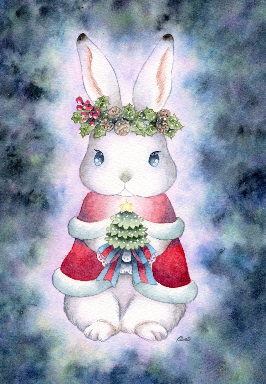 absurdres animal animal_focus blue_eyes bow christmas_tree closed_mouth commentary_request ears_up glowing gradient gradient_background head_wreath highres holding looking_at_viewer mistletoe no_humans original painting_(medium) rabbit santa_dress short_sleeves signature sinsousui star_(symbol) striped striped_bow toes traditional_media watercolor_(medium)