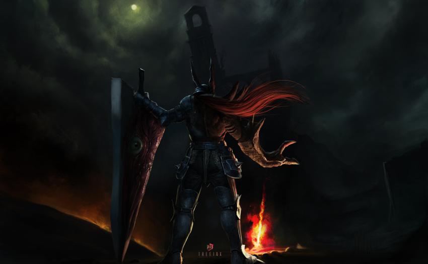 1boy absurdres bonfire_(dark_souls) clouds cloudy_sky crossover dark_souls_(series) english_commentary fantasy fire helmet highres holding holding_sword holding_weapon night night_sky nightmare_(soulcalibur) open_hand pun redhead scenery sky solo soulcalibur soulcalibur_(weapon) sword treeink weapon