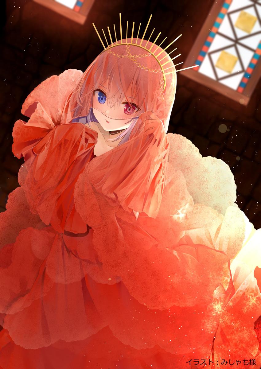 1girl absurdres arete-chan banned_artist bare_shoulders blue_eyes collarbone dress expressionless headdress heterochromia highres long_dress long_hair looking_at_viewer open_mouth red_eyes samayoi second-party_source see-through_sleeves sennzai silver_hair sleeves_past_fingers sleeves_past_wrists solo veil very_long_hair