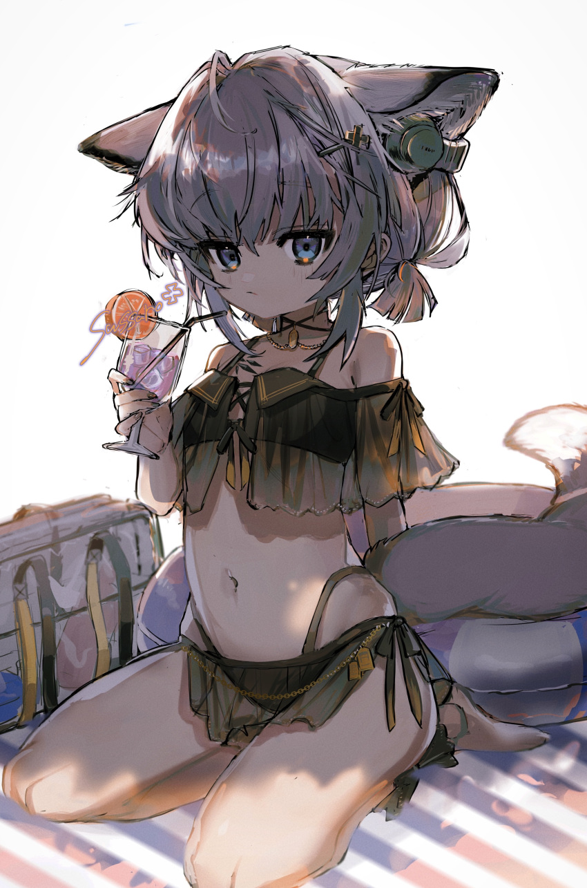 1girl absurdres animal_ear_fluff animal_ears arknights bag bangs bare_shoulders barefoot bendy_straw bikini black_bikini blue_eyes closed_mouth commentary_request cup drink drinking_straw eyebrows_visible_through_hair gradient gradient_background grey_background grey_hair hair_between_eyes highres holding holding_cup hossi ice ice_cube looking_at_viewer navel see-through seiza sitting solo sussurro_(arknights) sussurro_(summer_flowers)_(arknights) swimsuit tail transparent white_background
