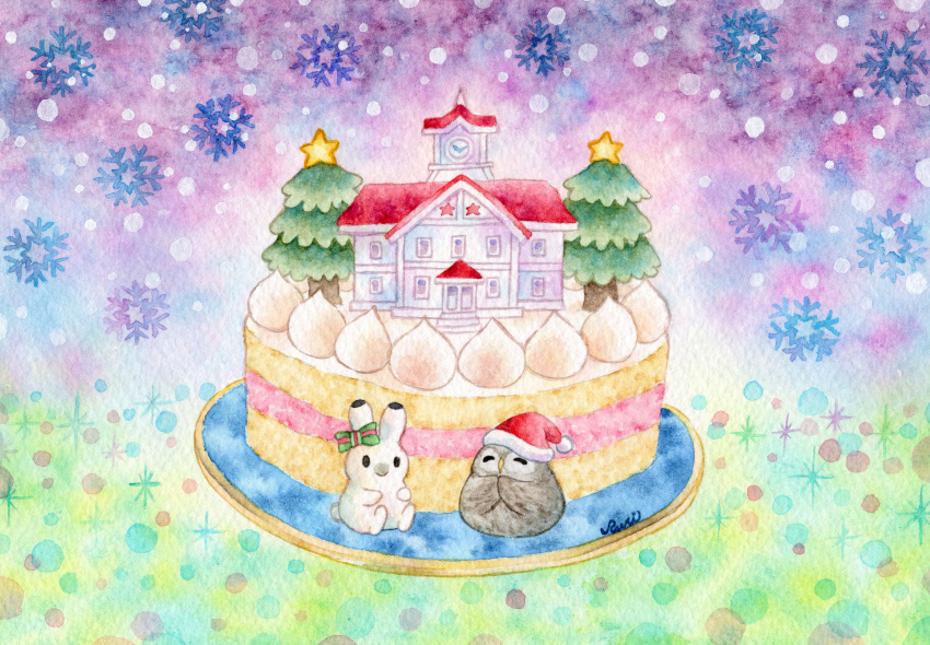 absurdres animal bird bow building cake christmas_tree closed_eyes commentary_request food food_focus friends hair_bow hat highres multicolored_background no_humans original owl own_hands_clasped own_hands_together painting_(medium) plate rabbit santa_hat signature sinsousui snowflakes snowing sparkle strawberry_shortcake traditional_media watercolor_(medium)