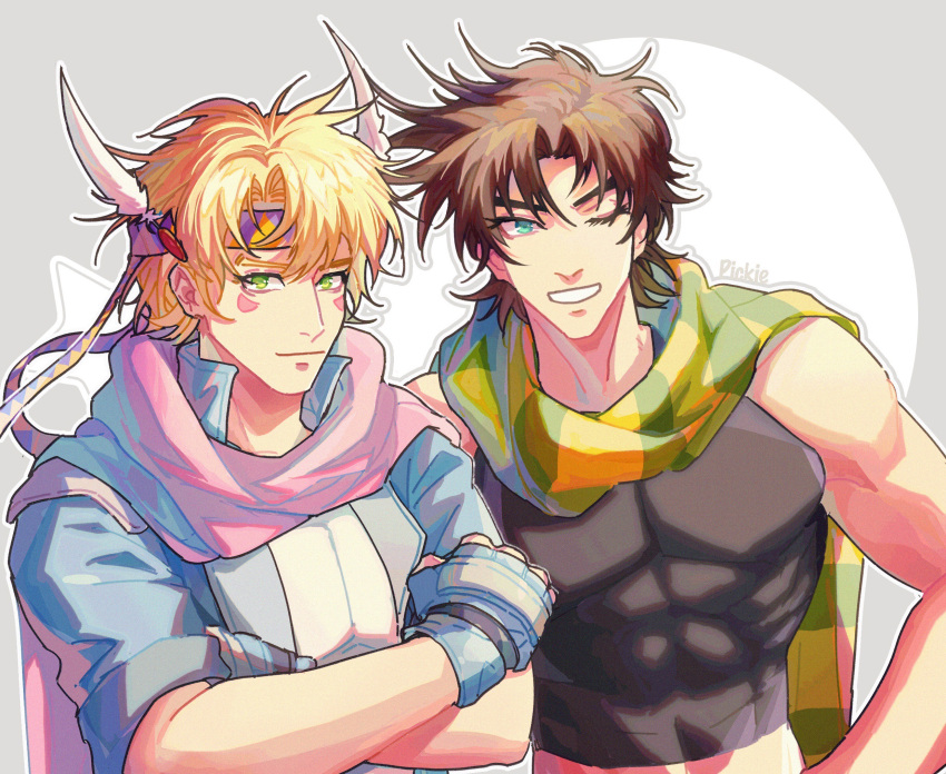 2boys battle_tendency blonde_hair blue_eyes blue_jacket brown_hair caesar_anthonio_zeppeli crop_top crossed_arms facial_mark feather_hair_ornament feathers fingerless_gloves gloves green_eyes green_scarf hair_ornament headband highres jacket jojo_no_kimyou_na_bouken joseph_joestar joseph_joestar_(young) male_focus midriff multicolored_clothes multicolored_scarf multiple_boys one_eye_closed pickieeeee pink_scarf scarf striped striped_scarf triangle_print yellow_scarf