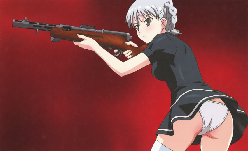 1girl absurdres aiming ass black_dress braid breasts brown_eyes crotch_seam day dress french_braid frills gun highres holding holding_gun holding_weapon medium_breasts official_art panties red_background rifle silver_hair solo stratos_4 tachibana_mirei thigh-highs underwear v-shaped_eyebrows weapon white_legwear white_panties wind wind_lift yamauchi_noriyasu