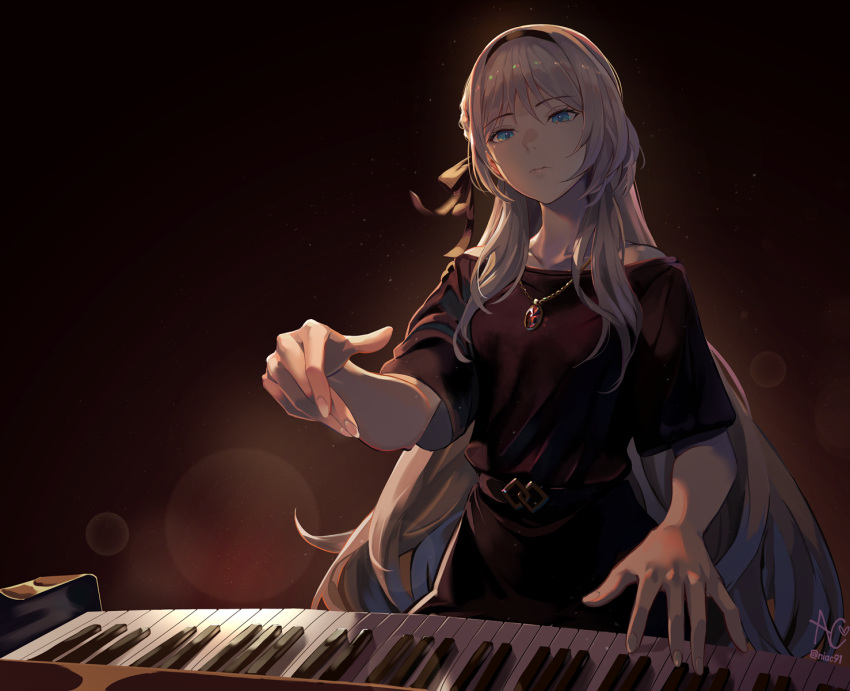 1girl an-94_(girls'_frontline) bangs black_background black_dress blue_eyes closed_mouth dress english_commentary eyebrows_visible_through_hair girls_frontline hair_ribbon hairband highres instrument jewelry light_particles long_hair music necklace niac piano piano_keys playing_instrument playing_piano ribbon short_sleeves signature silver_hair solo very_long_hair