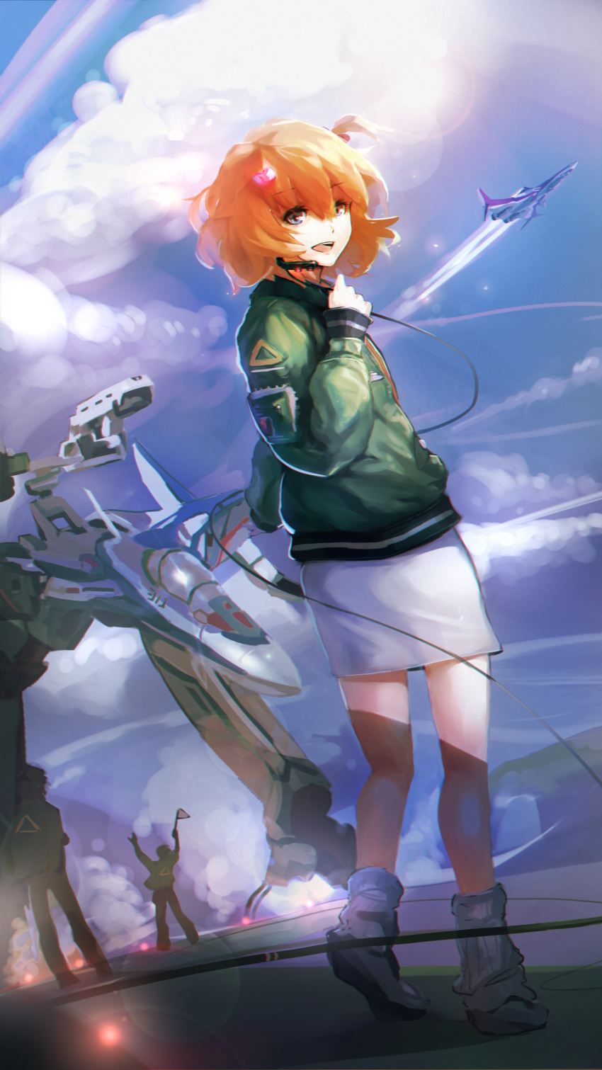 1girl absurdres blue_eyes cable commentary_request czcz12321 freyja_wion gerwalk headset highres jacket looking_at_viewer macross macross_delta mecha orange_hair pencil_skirt science_fiction short_ponytail side_ponytail skirt variable_fighter vf-31 vf-31c vf-31j wire