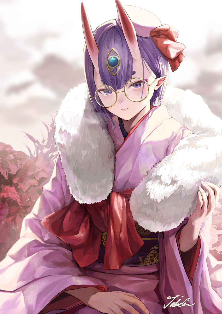 1girl absurdres bangs bob_cut bow breasts choker dress_for_demons eyeliner fate/grand_order fate_(series) glasses hat headpiece highres horns japanese_clothes kimono long_sleeves looking_at_viewer makeup mini_hat obi oni oni_horns pink_headwear pink_kimono pointy_ears purple_hair red_bow sash short_hair shuten_douji_(fate) skin-covered_horns small_breasts taino_kou violet_eyes wide_sleeves