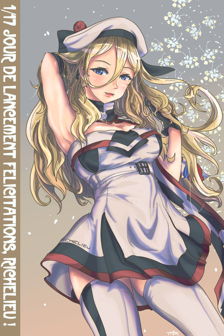 1girl absurdres beret black_gloves blonde_hair blue_eyes breasts character_name commentary_request cowboy_shot dress french_text gloves hair_between_eyes hat highres kantai_collection large_breasts long_hair mole mole_under_eye mole_under_mouth multicolored_clothes multicolored_scarf pom_pom_(clothes) richelieu_(kancolle) scarf solo strapless strapless_dress thigh-highs thrux two-tone_dress two-tone_legwear