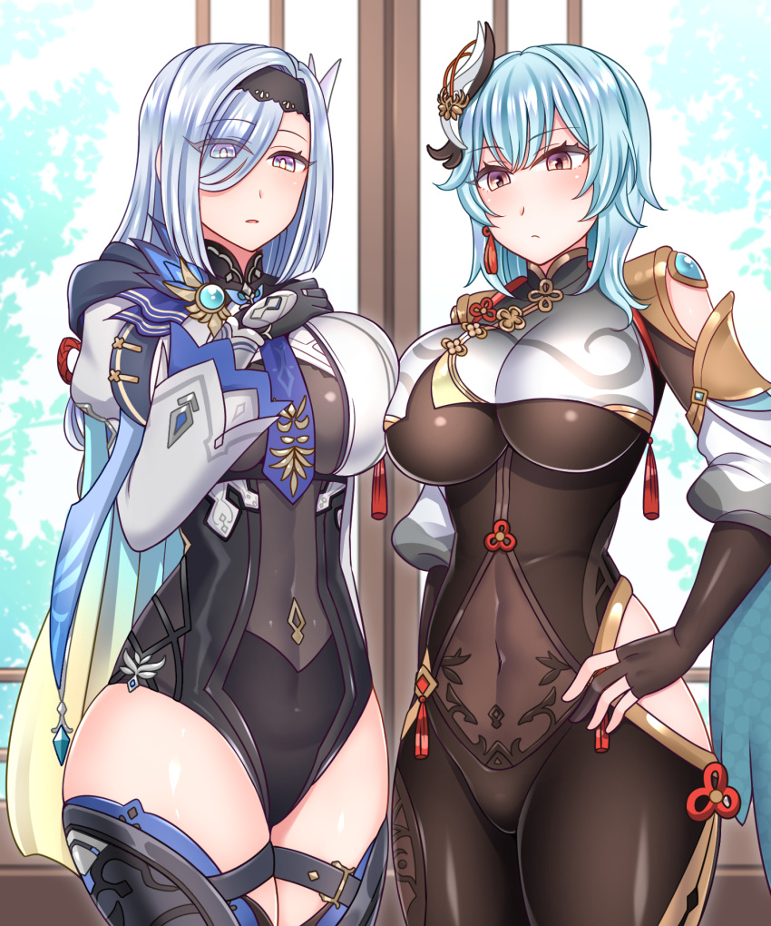 2girls black_bodysuit black_hairband black_headband black_leotard blue_cape blue_gloves blue_hair blue_necktie bodystocking bodysuit boots braid braided_ponytail breast_curtain breasts brown_bodysuit cape chinese_knot clothing_cutout cosplay costume_switch covered_navel cowboy_shot earrings eula_(genshin_impact) eula_(genshin_impact)_(cosplay) genshin_impact gloves gold_trim gradient_eyes greatsword hair_over_one_eye hairband headband high-waist_shorts highres hip_vent jewelry large_breasts leotard looking_at_viewer medium_hair multicolored_eyes multiple_girls necktie partially_fingerless_gloves shenhe_(genshin_impact) shenhe_(genshin_impact)_(cosplay) short_shorts shorts shoulder_cutout side_cutout stomach_cutout tassel tassel_earrings thigh-highs thigh_boots thigh_cutout thigh_strap thighs violet_eyes yakisobapan_tarou_&amp;_negitoro-ko yellow_eyes