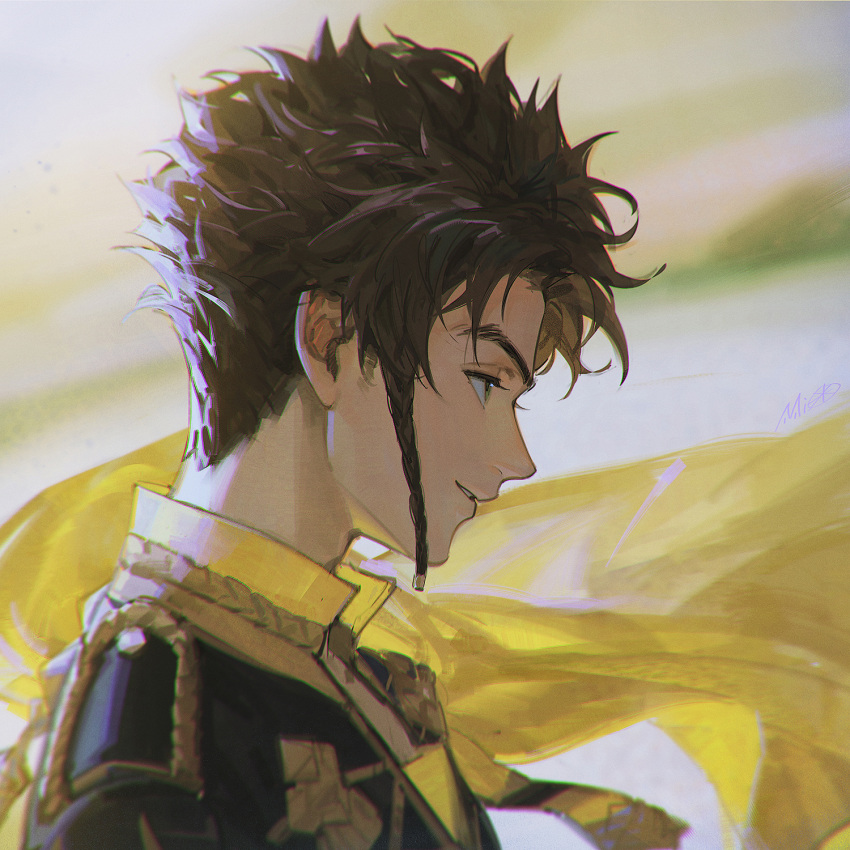 1boy alzi_xiaomi black_hair blurry blurry_background braid cape chromatic_aberration claude_von_riegan fire_emblem fire_emblem:_three_houses green_eyes highres male_focus parted_lips profile signature smile solo uniform upper_body yellow_cape