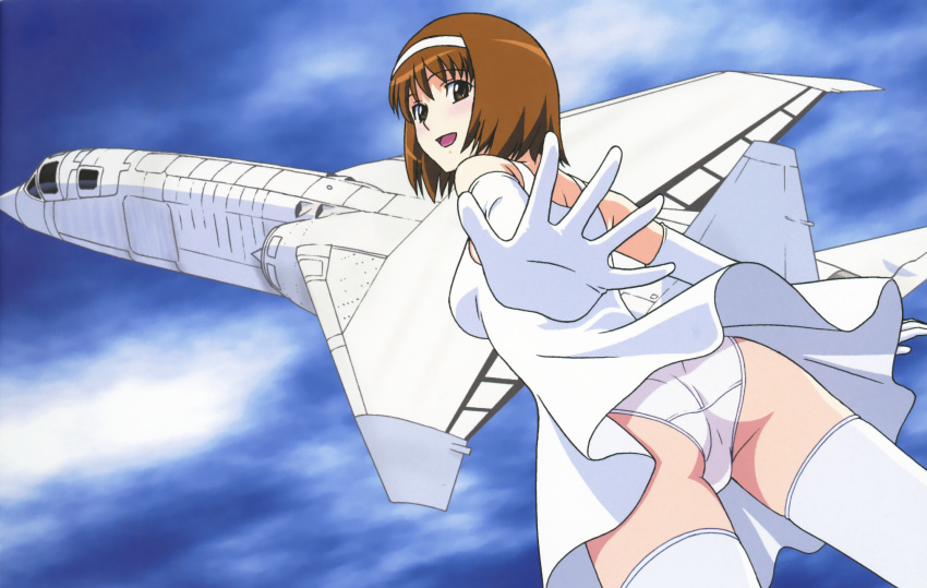 1girl absurdres agent_aika aika_(series) aircraft airplane ass bangs black_delmo blue_sky blush breasts brown_eyes brown_hair clouds cloudy_sky crotch_seam day dress elbow_gloves gloves headband highres looking_at_viewer medium_breasts official_art open_mouth outstretched_arm panties rika_(agent_aika) short_hair sky solo standing underwear white_dress white_legwear white_panties wind wind_lift yamauchi_noriyasu