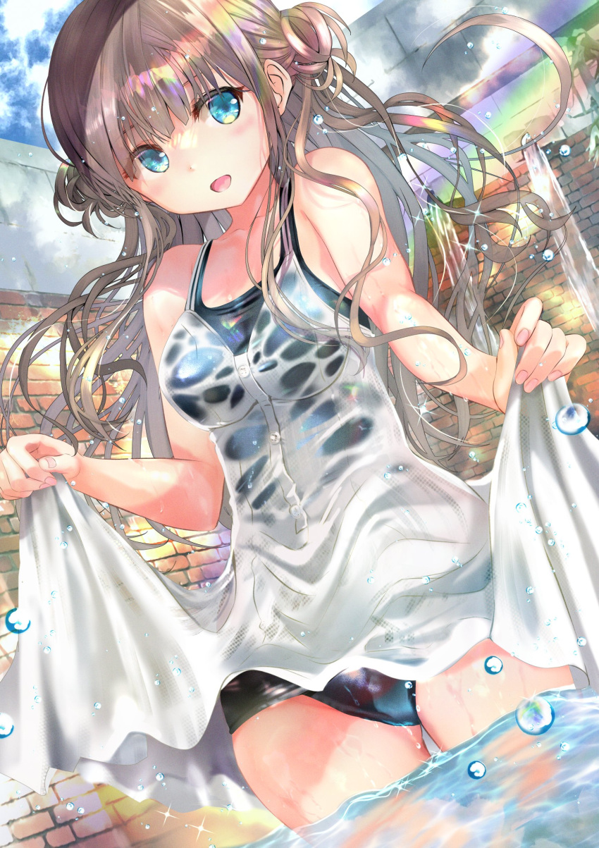1girl absurdres bare_arms bare_shoulders blue_eyes blush breasts dress highres long_hair looking_at_viewer medium_breasts ogata_tei original smile solo swimsuit thigh_gap thighs water_drop wet wet_clothes wet_dress wet_hair wet_swimsuit