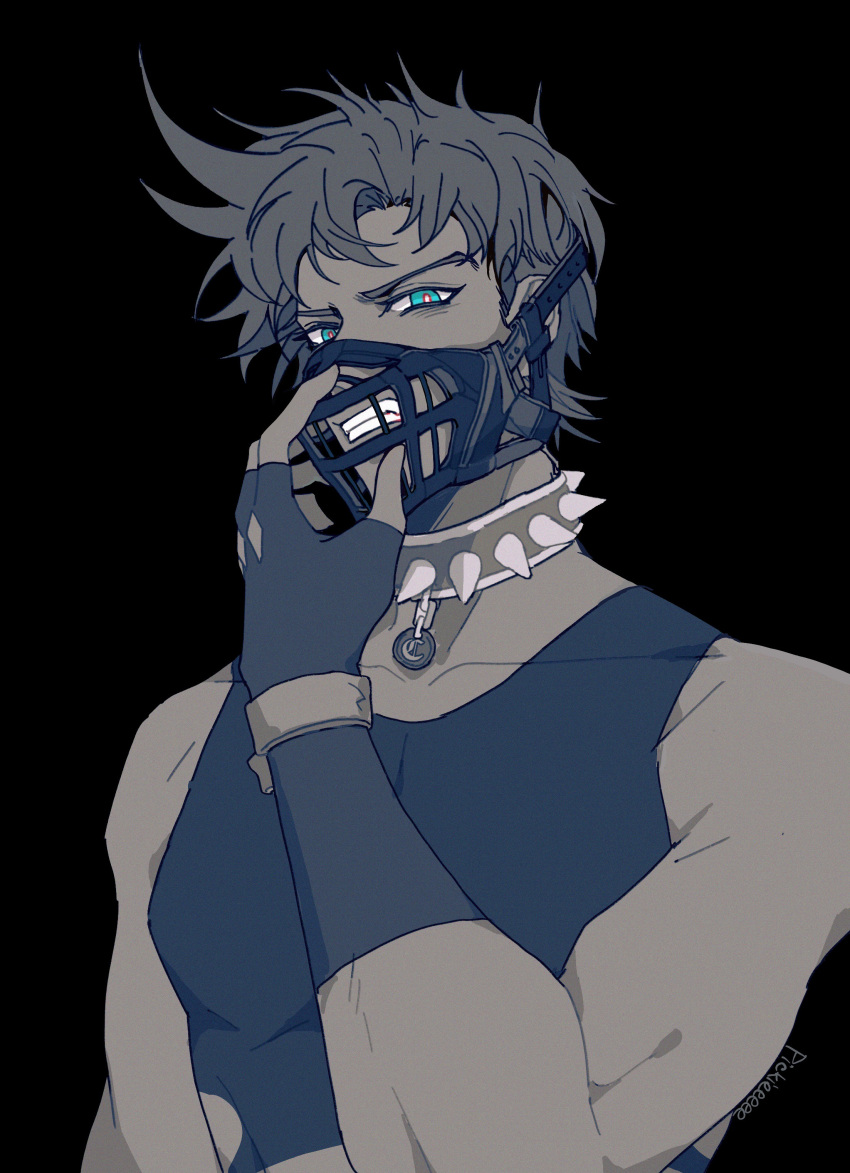 1boy absurdres bare_shoulders battle_tendency biceps blue_eyes collar crop_top fangs fingerless_gloves flat_color gloves highres jojo_no_kimyou_na_bouken joseph_joestar joseph_joestar_(young) male_focus midriff muzzle pickieeeee sleeveless sleeveless_turtleneck solo spiked_collar spikes spot_color turtleneck