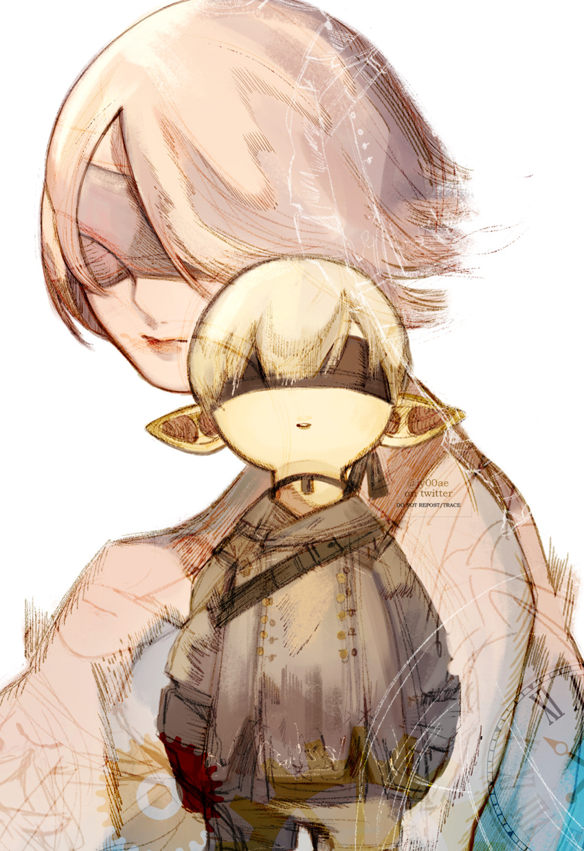 1boy 1girl absurdres black_blindfold black_choker blindfold choker clock closed_mouth final_fantasy final_fantasy_xiv gears gloves grey_hair hair_between_eyes hair_over_one_eye hatching_(texture) highres jy00ae lalafell nier_(series) nier_automata parted_lips pink_lips pointy_ears roman_numeral short_hair simple_background smile standing twitter_username white_background yorha_no._2_type_b yorha_no._9_type_s