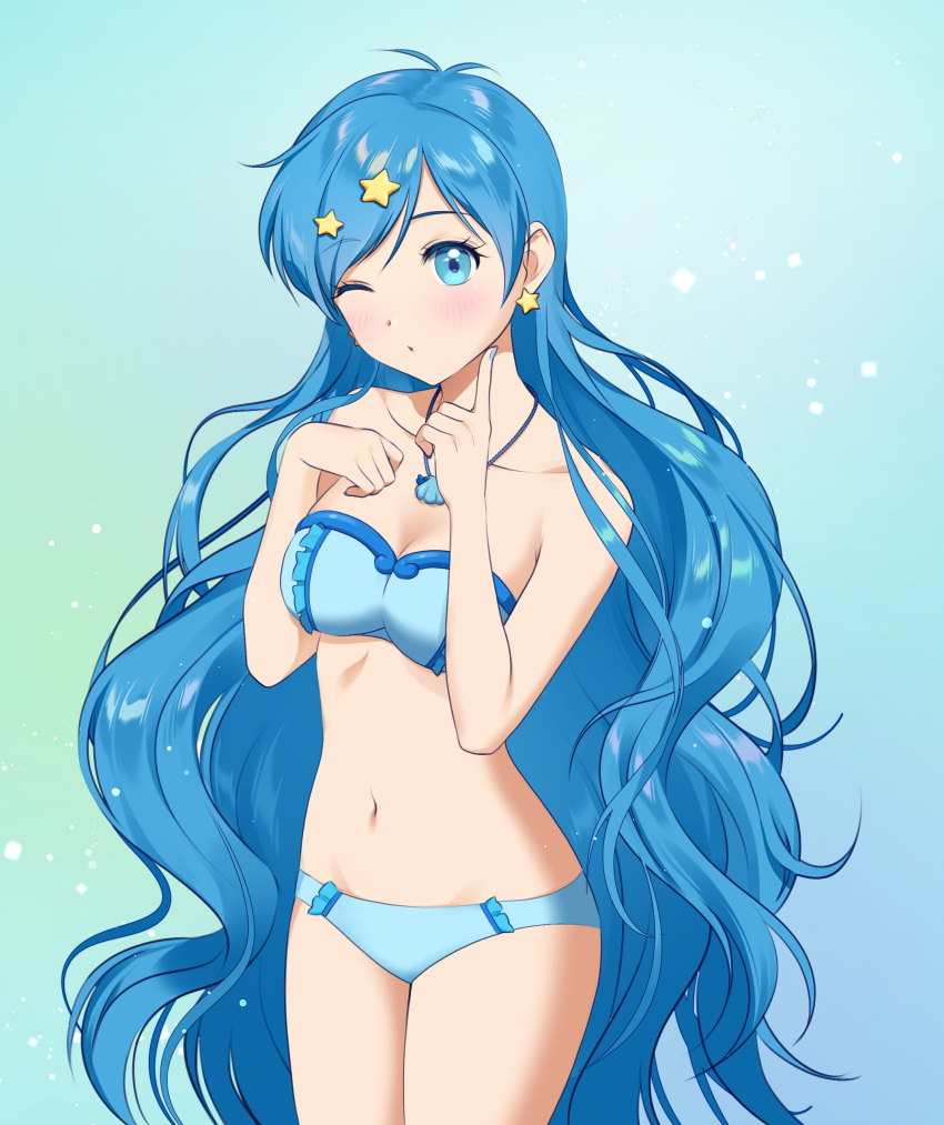 1girl absurdres adapted_costume bikini blue_bikini blue_eyes blue_hair cowboy_shot hair_ornament highres houshou_hanon index_finger_raised long_hair looking_at_viewer mermaid_melody_pichi_pichi_pitch midriff one_eye_closed pita_(ppp) solo star_(symbol) star_hair_ornament swimsuit very_long_hair