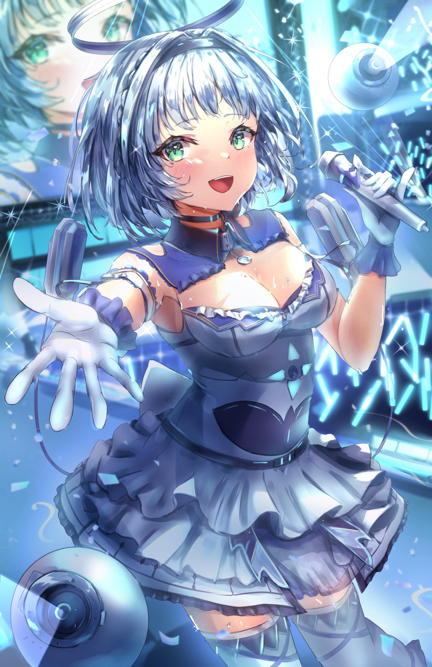 1girl absurdres angel breasts detached_collar dress frills gloves green_eyes hai_0013 hair_intakes hairband highres holding holding_microphone idol idol_clothes kamishiro_rita layered_skirt mechanical_halo microphone music open_mouth prism_project singing skirt sleeveless sleeveless_dress solo stage thigh-highs white_gloves white_hair