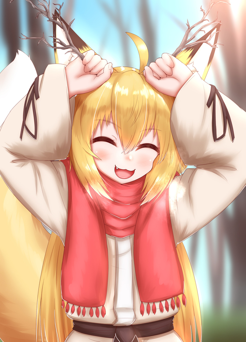 1girl :3 :d ahoge animal_ear_fluff animal_ears antlers arms_up bangs beige_dress blonde_hair blurry blurry_background blush breath closed_eyes eyebrows_visible_through_hair fang fox_ears fox_girl fox_tail hair_between_eyes highres holding holding_stick horokusa_(korai) korai_(horokusa) long_hair long_sleeves original red_scarf scarf shiny shiny_hair smile solo standing stick tail tail_raised upper_body wide_sleeves