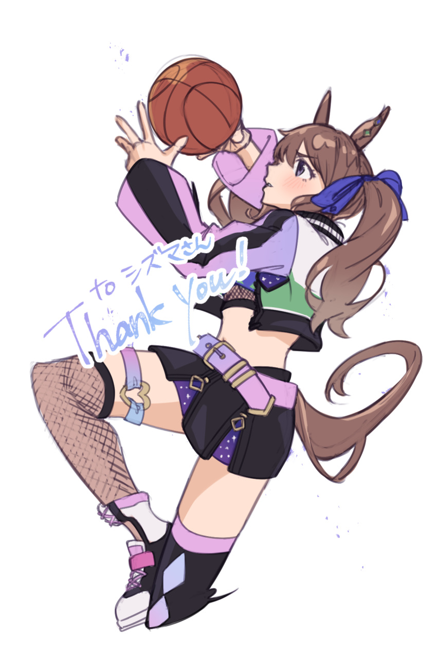 1girl animal_ears ball bangs basketball black_legwear black_skirt blue_ribbon brown_hair commission crop_top cropped_jacket from_side hair_ribbon highres holding holding_ball horse_ears horse_girl horse_tail kuroe_(crocrocroe) purple_belt ribbon skeb_commission skirt solo tail thigh-highs thigh_strap tosen_jordan_(umamusume) twintails umamusume white_background